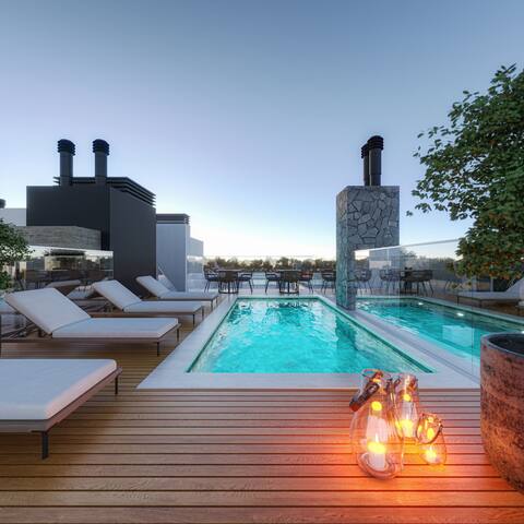 Apartamento 1 dormitório com rooftop e piscina a 3 min do mar